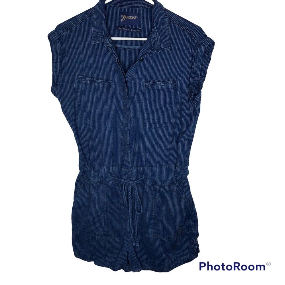 Mademoiselle Garconne Womens Blue and White Stripe Romper Size M-L Drawstring